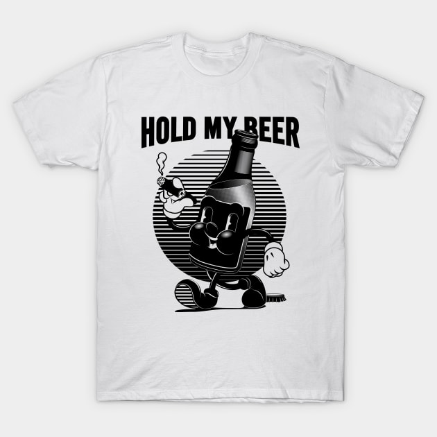 Vintage Walking Beer Bottle. "HOLD MY BEER!" (B&W) T-Shirt by BoringFabric